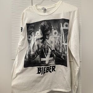 White Justin Bieber Graphic Long Sleeve Shirt